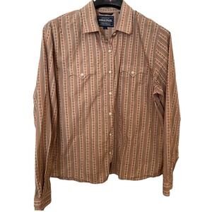 ROUGH STOCK Panhandle Slim Western Shirt Mens L Orange Brown Striped Snap Button